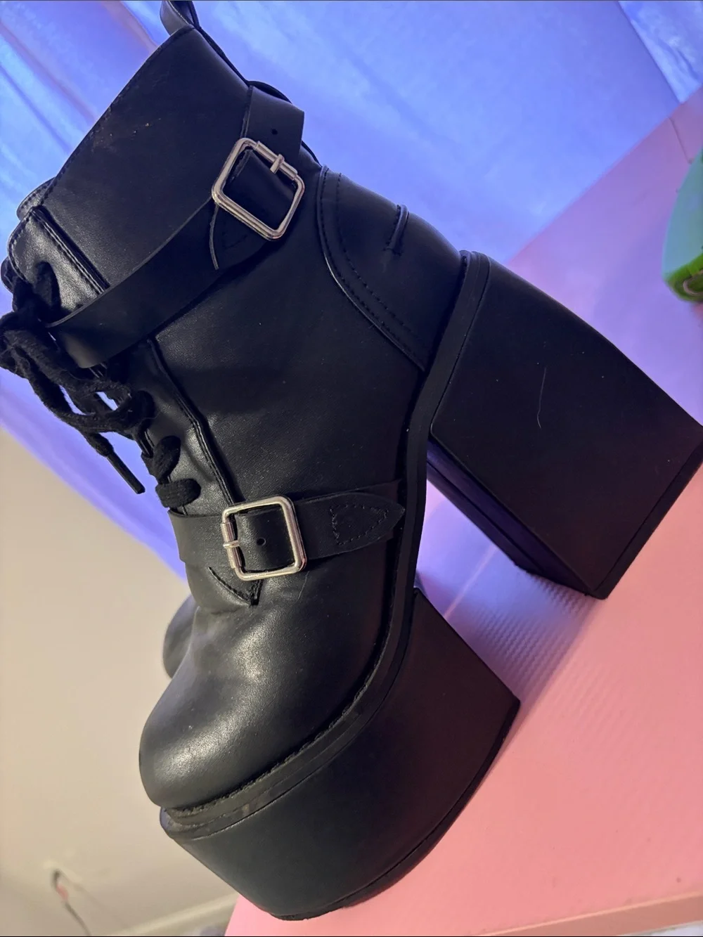 Chunky Platform Lace-Up Ankle Boots in Black